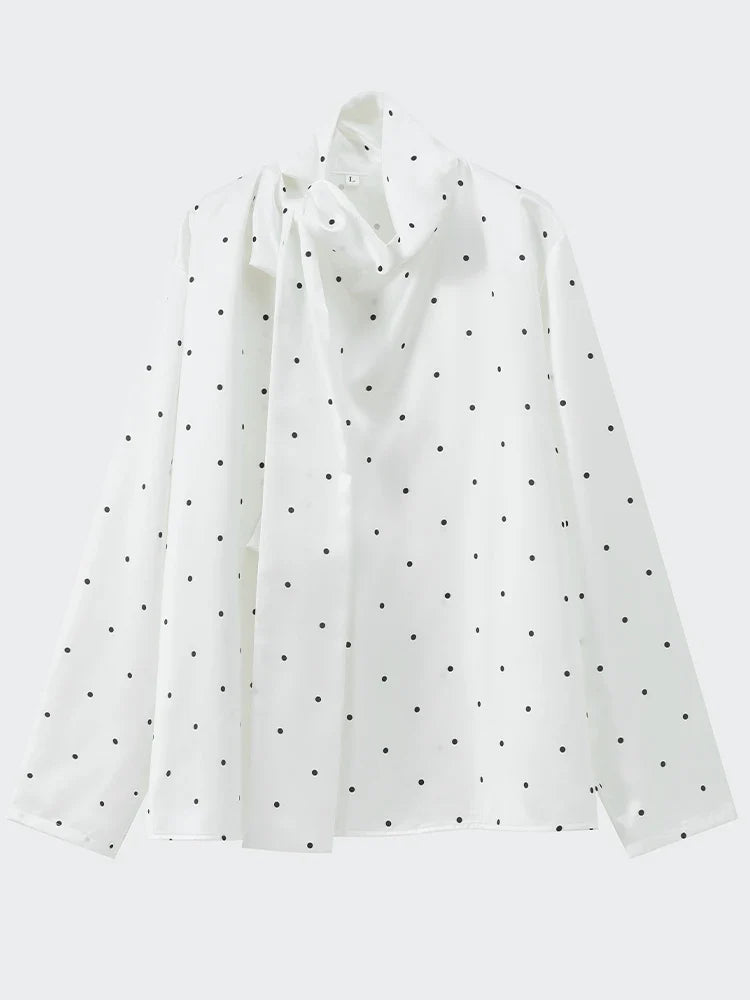 Satin Scarf Neck Polka Dot Printing Women Blouse Fashion Full Sleeve Loose Basic Shirt Lady Autumn New Highstreet Commute Wear