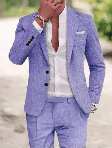 2 Pieces Linen Men Suits for Summer Beach Notch Lapel Slim Fit Two Buttons Groom Tuxedo Sets Blazer with Pants Custom Made