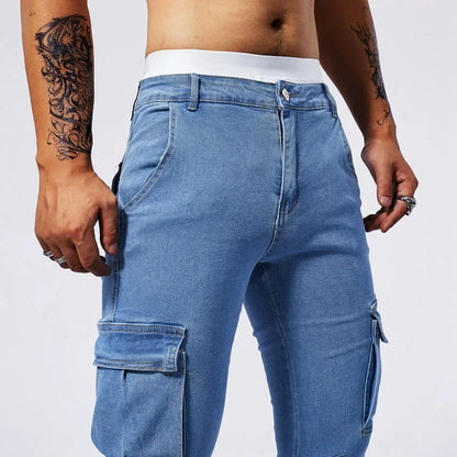 Slim Fit Large Pocket Jeans Cargo Pants for Men Fashionable Casual Hip Hop Stretch Denim Long Pants Male Streetwear Track Pants