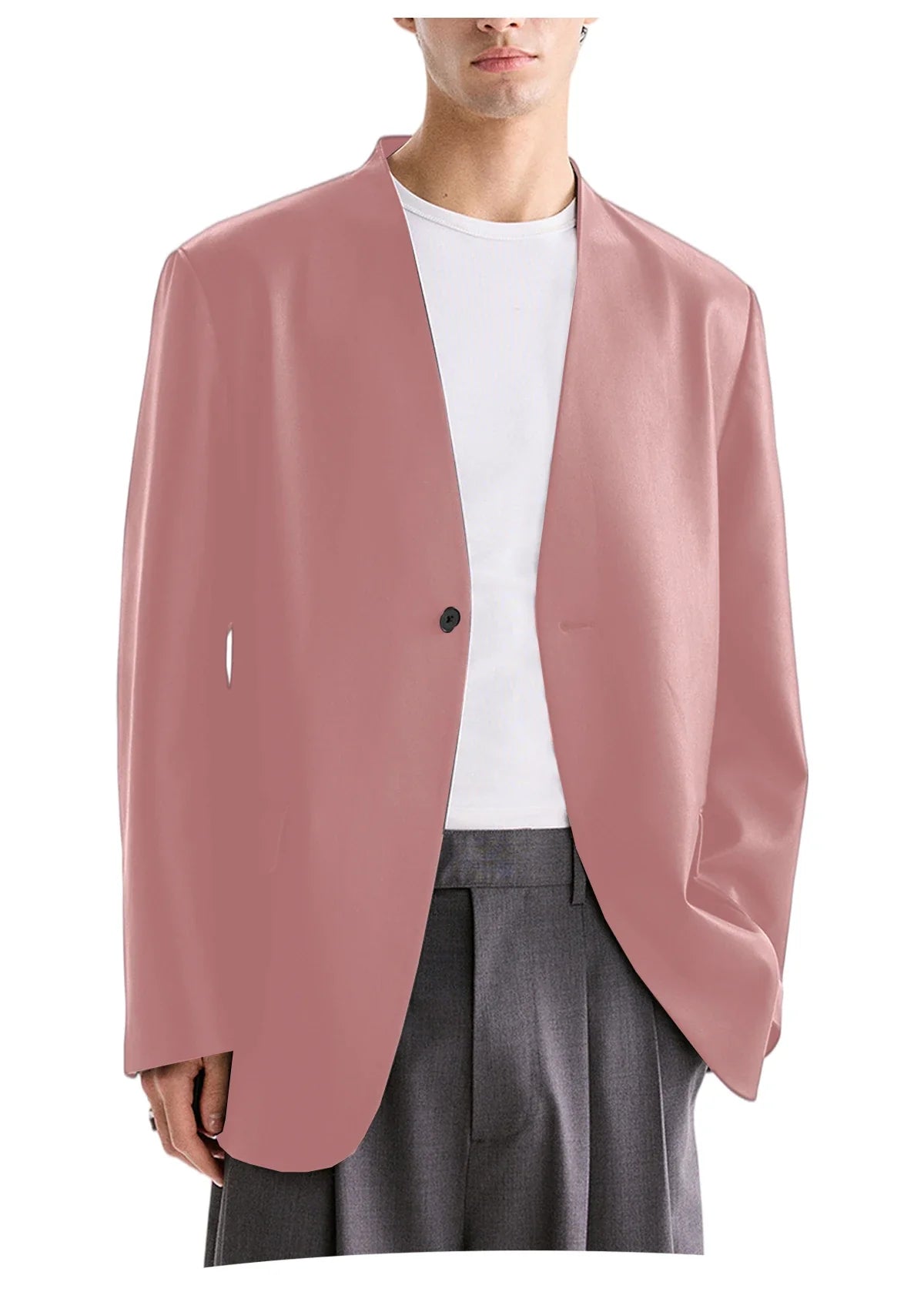 Luxury Men's PU Leather Blazer Collarless Jacket Loose 1 Button Elegant Solid Color Coat for Party Wedding Office Daily Wear