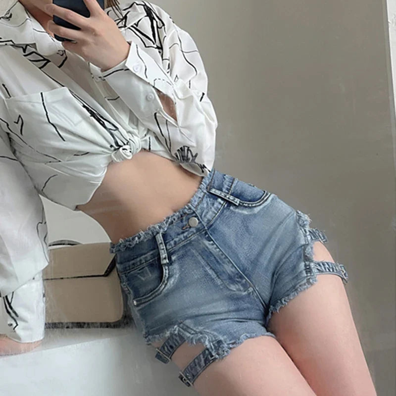 Y2K Denim Shorts Women Sexy Hollow Out Short Jeans Streetwear Korean Fashion High Waist Slim All Match Short Hot Pants New