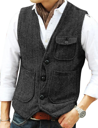 Men's Business Suit Vest Herringbone Tweed V Neck Formal Waistcoat for Wedding Suit or Tuxedo