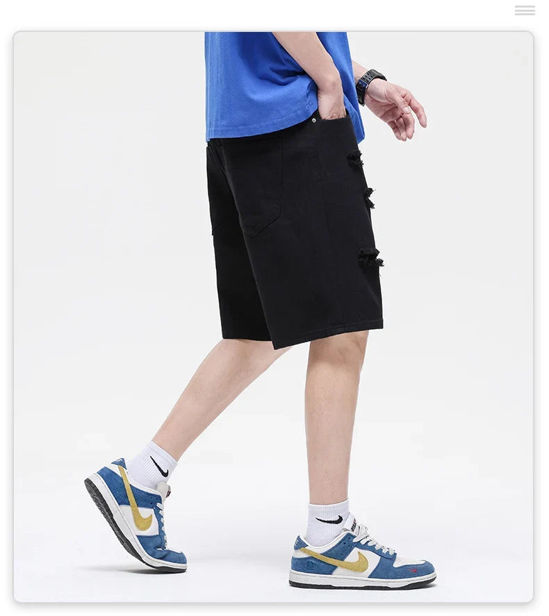 Summer New White Casual Men's Denim Shorts Ripped Fashion Loose Straight Street Bermuda Jeans Male Hole Short Pants