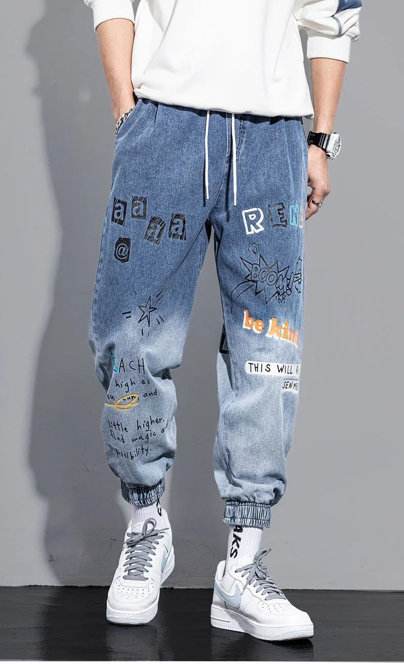Printing Jeans Men's Gradient Hip Hop Trousers Harem Cartoon Loose Casual Ankle Banded Pants Cargo Denim Jeans Fashion