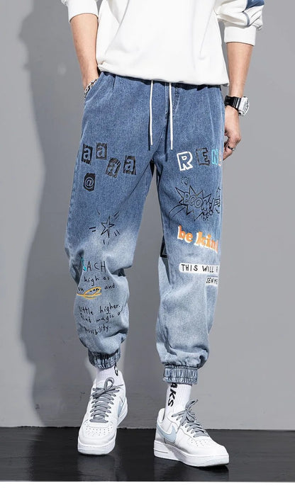 Printing Jeans Men's Gradient Hip Hop Trousers Harem Cartoon Loose Casual Ankle Banded Pants Cargo Denim Jeans Fashion