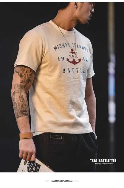 Vintage Letter Print Cotton Short Sleeve T-Shirt Men's Summer Loose Fit Ribbed Crew Neck Tee Casual Street Tops for Daily