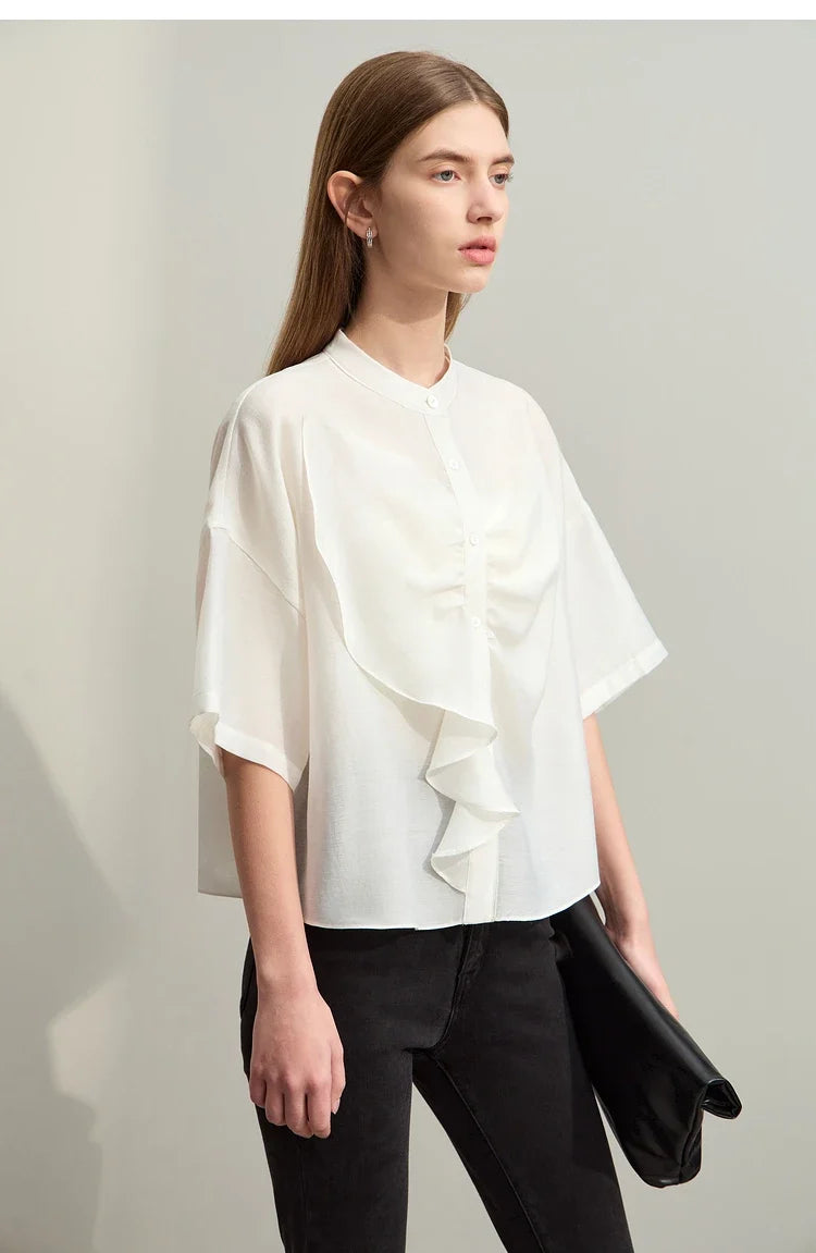 Minimalism 2025 Women Shirt Summer New Commuter Stand Collar Asymmetric Female Blouse Drop Shoulder Loose Tops 12422008