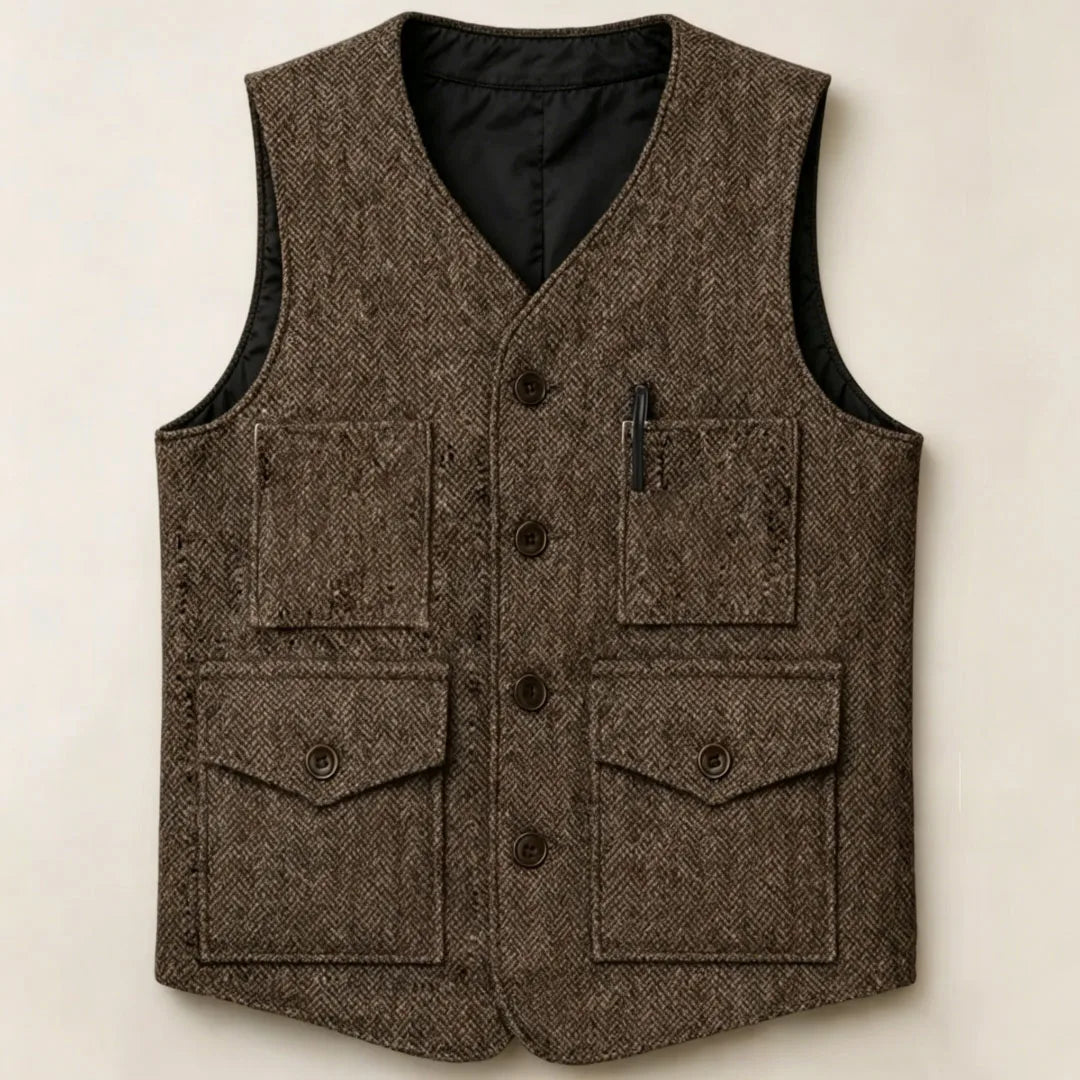 Men Vest Brown Herringbone Single Button With Pocket Waistcoat For Wedding Party Business Work Office Daily Casual Men Suit Vest