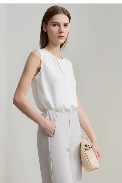 Sleeveless Women's Blouse 2026 Summer O-Neck Asymmetric Chiffon Top For Women Elegant Pleated Office Flowy Shirt 12642060