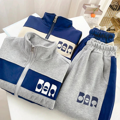 Boys Contrast Alphabet Full Zip Sweatshirt Jacket+Sweatpant Workout Set School Kids 2PCS Tracksuit Children Jogger Outfit 5-16Yr