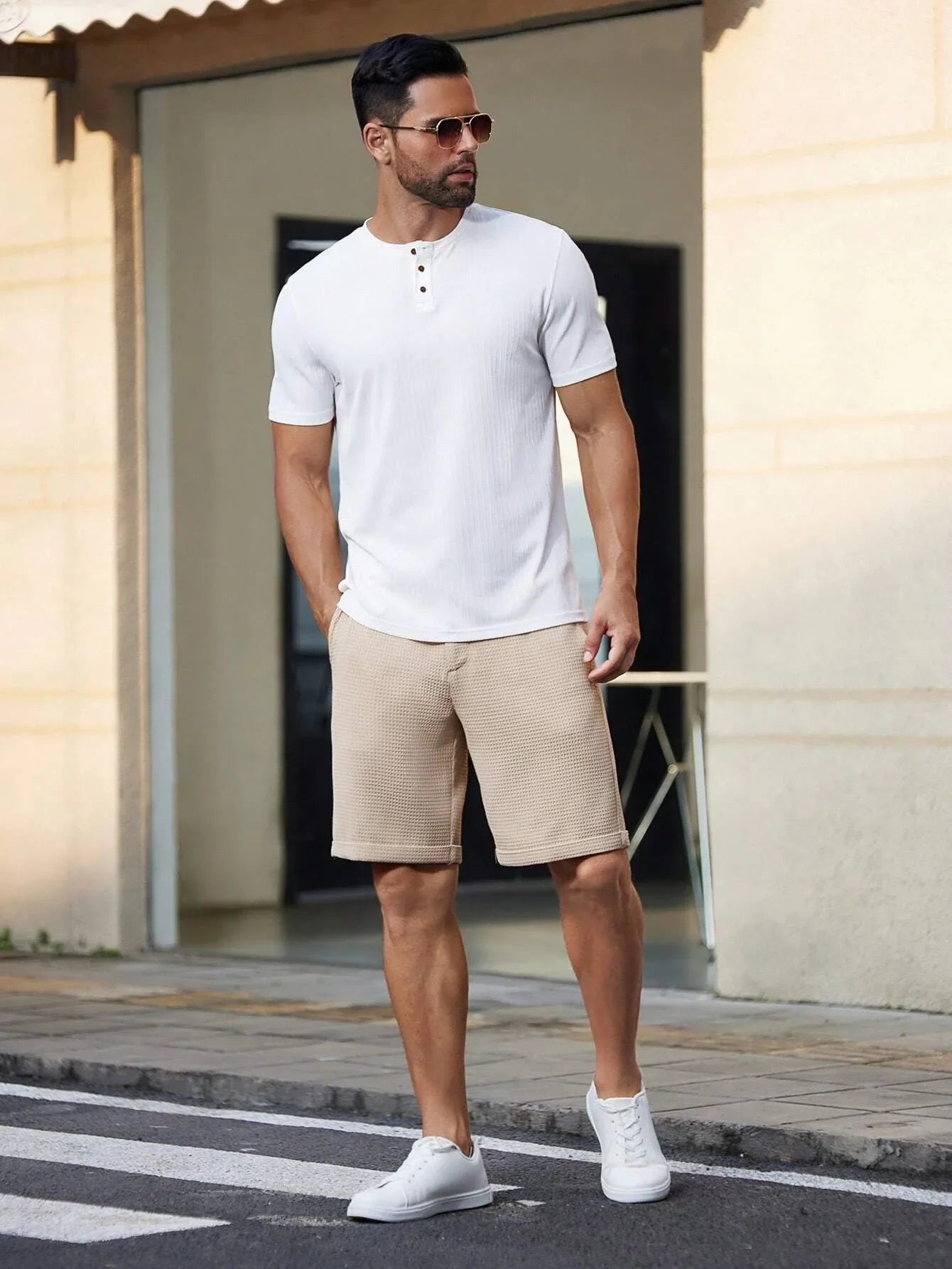 Men's Waffle Texture Slim Fit Shorts Solid Color Button Waist Summer Casual Outdoor Multi-Color Trousers