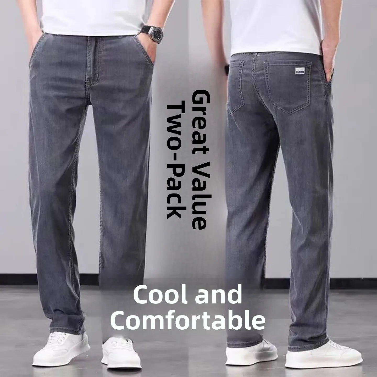 Summer Thin Straight Loose Wide Leg Pants Men's Silk Smooth Denim Jeans Casual Long Trousers Business Gentleman Style Water W...