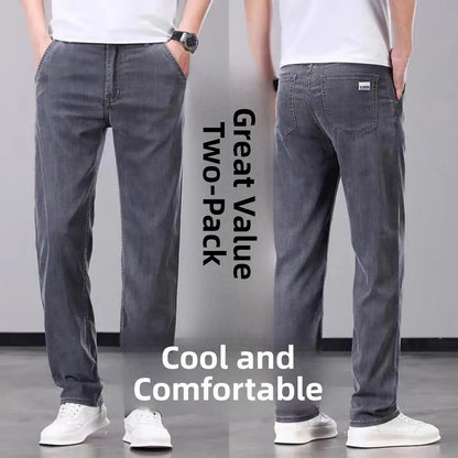 Summer Thin Straight Loose Wide Leg Pants Men's Silk Smooth Denim Jeans Casual Long Trousers Business Gentleman Style Water W...
