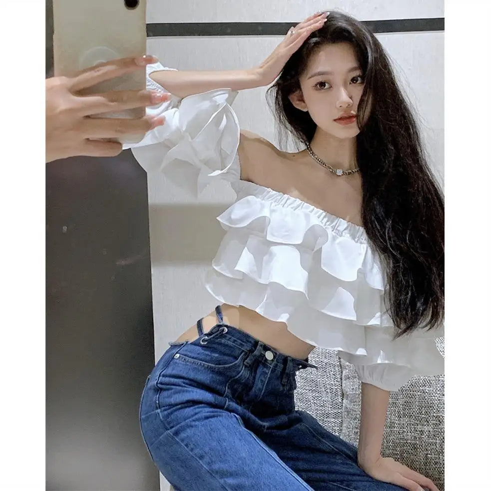 Off Shoulder Fashion Woman Blouse Stacked Ruffles Crop Top Shirt Summer Designer Short Sleeve Chiffon Sexy 2023 New