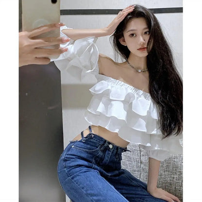 Off Shoulder Fashion Woman Blouse Stacked Ruffles Crop Top Shirt Summer Designer Short Sleeve Chiffon Sexy 2023 New