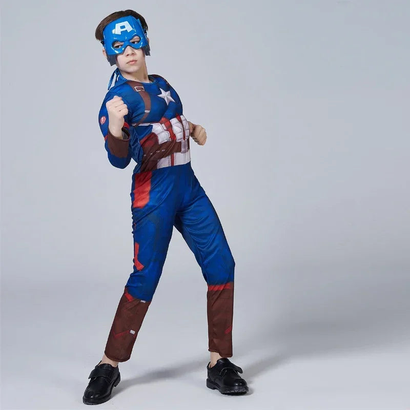 Kid Boys Captain America Muscle Costume Superhero Cosplay Jumpsuit  Halloween Carnival Party Birthday Dress Up Role Play Costume