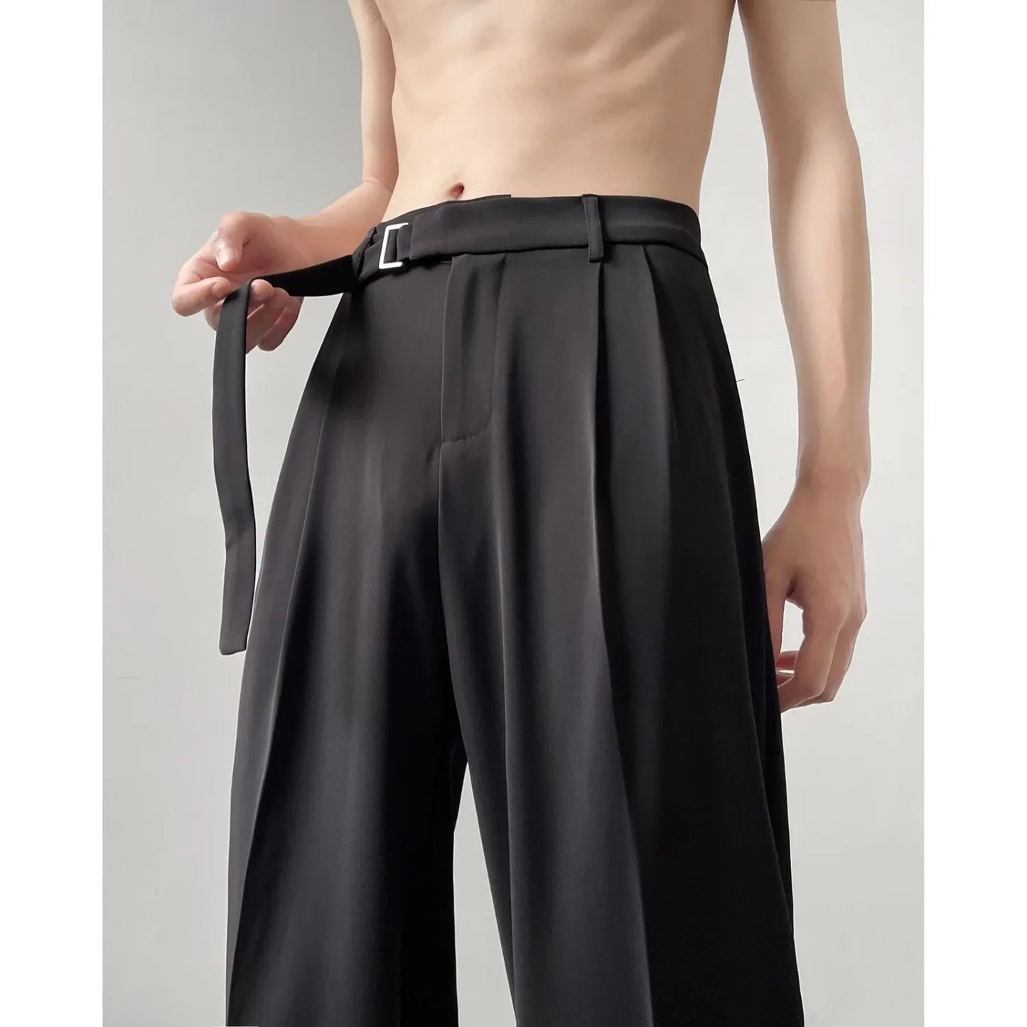 Retro High-end Belt Design Straight-down Trousers Men's Trendy Brand Loose Wide-leg Casual Pants Original Luxury Brands Jeans