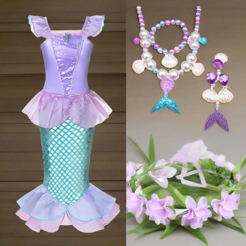 2025 Girls Mermaid Dress Princess Cosplay Party Costumes Summer Purple Elegant Flying Sleeve Fancy Dresses For 2-10Y Kids