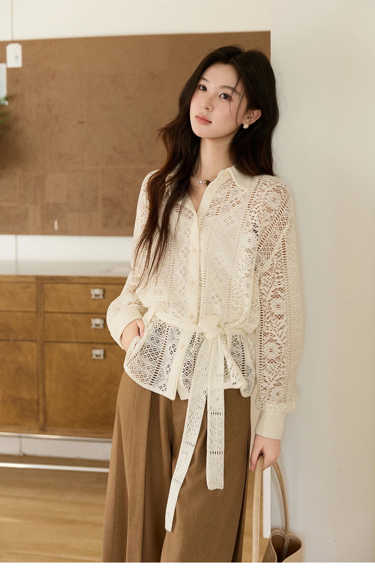 Women's Hollow-out Lace Shirt Camisole Set 2026 Spring Lapel Drawstring Waist Sheer Casual Two-Piece Knitwear MXF108C0816