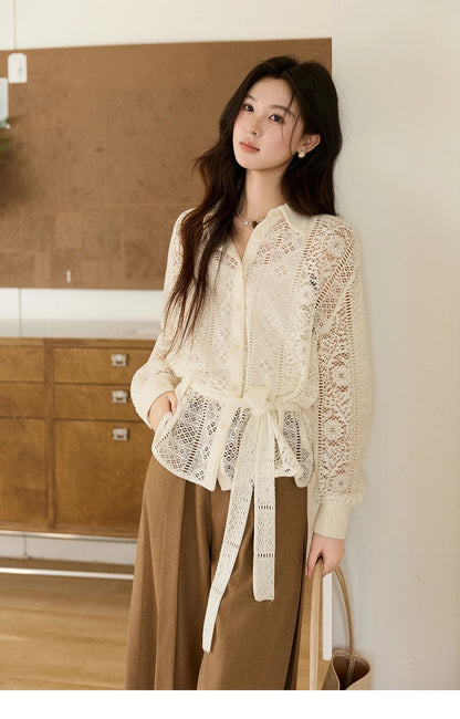 Women's Hollow-out Lace Shirt Camisole Set 2026 Spring Lapel Drawstring Waist Sheer Casual Two-Piece Knitwear MXF108C0816