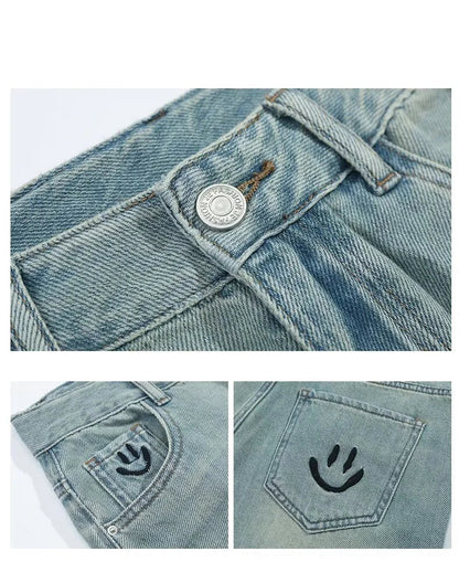 Women Comfortable Thin Denim Pants New Female Vintage Mid Waisted Jeans Pants Girls Smile Edition Straight Leg Jeans Trousers