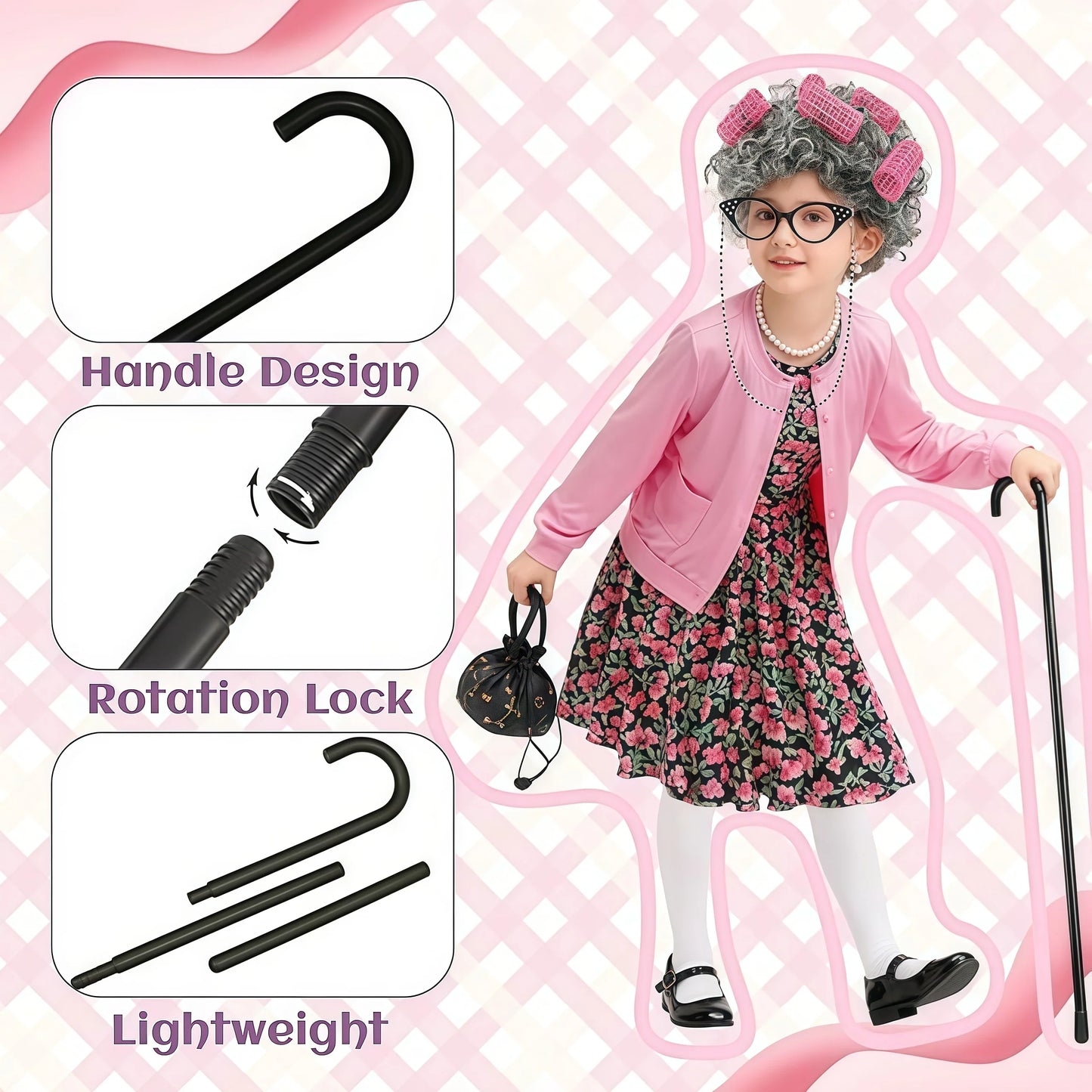 Baby Girl Celebrating 100th School Days Funny Cosplay Costumes Dress Granny Girl Cosplay Floral Old Lady Dress Up With Cane