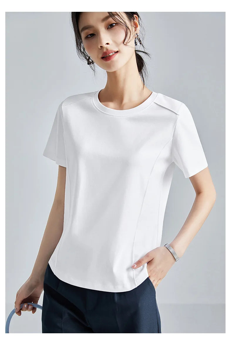 Summer Women's White Mercerized Cotton T-Shirt | 3D Stitching Round Neck Basic Top | Plus Size Slim Fit Layered Casual Blouse