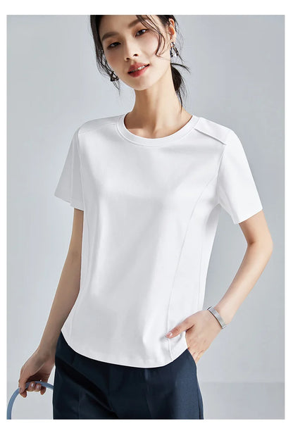 Summer Women's White Mercerized Cotton T-Shirt | 3D Stitching Round Neck Basic Top | Plus Size Slim Fit Layered Casual Blouse
