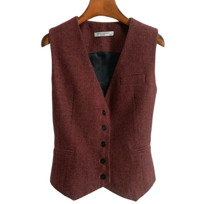 Women Vest Brown Fashion Vintage Herringbone Single Breasted Slim Fit Business Casual Profession Work Women Waistcoat