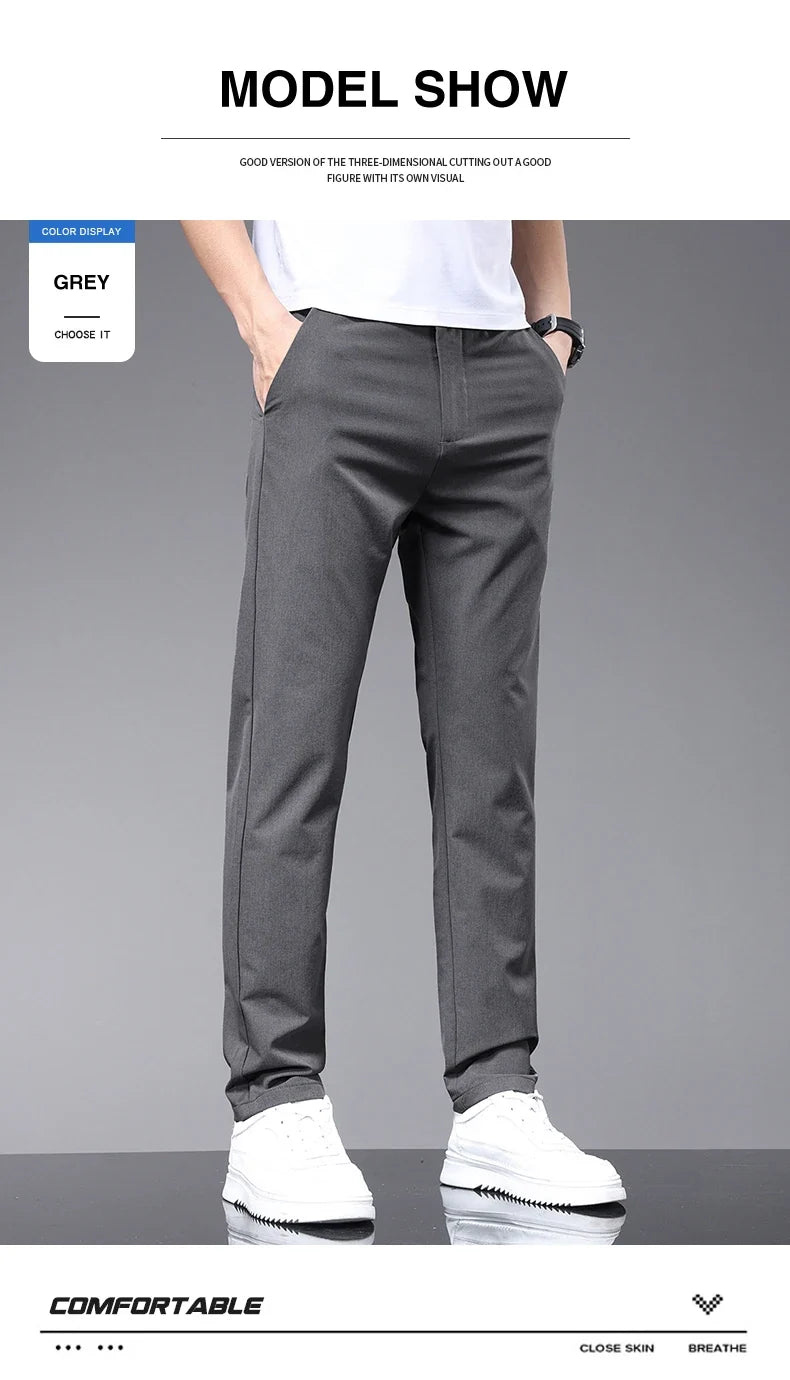 Spring Summer Thin Men's Slim Casual Pants Solid Color Elastic Waist Soft Breathable Business Straight Trousers Black Beige Gray