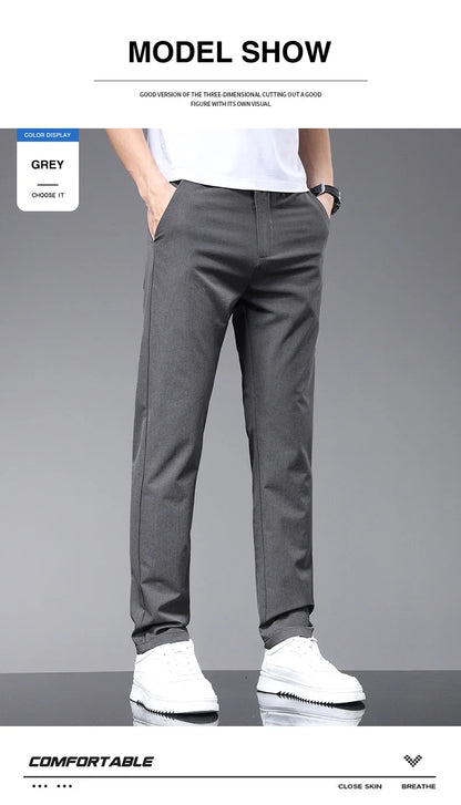 Spring Summer Thin Men's Slim Casual Pants Solid Color Elastic Waist Soft Breathable Business Straight Trousers Black Beige Gray