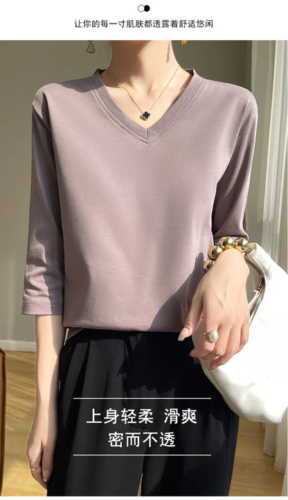 Spring And Summer New Cotton V-neck T-shirt Short-Sleeved Women's Half-Sleeve Bottoming Shirt High-End Cropped Sleeve Top