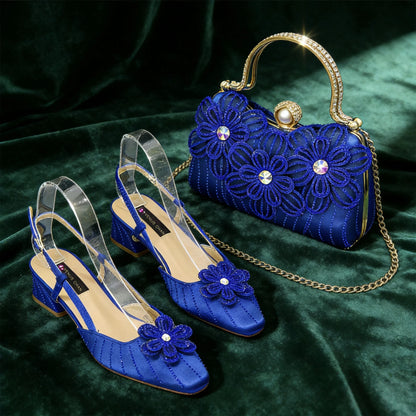 Party Shoes and Bag Ladies Heel Decoration Pure Elegant Flower Wedding Shoes and Bag Full Rhinestone Fashion Handbag