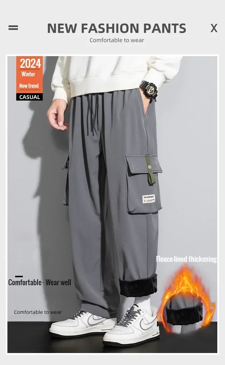 2026 Cargo Pants Men Straight Fit Wide Leg Fleece Lined Trouser Male Winter Fashion Loose Baggy Large Plus Size Warm Streetwear