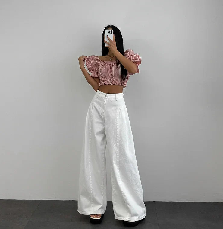 High Waist Wide Leg Denim Jeans Women Summer New Hong Kong Style Loose Lazy Big Bell Long Pants Commute Style Other Other