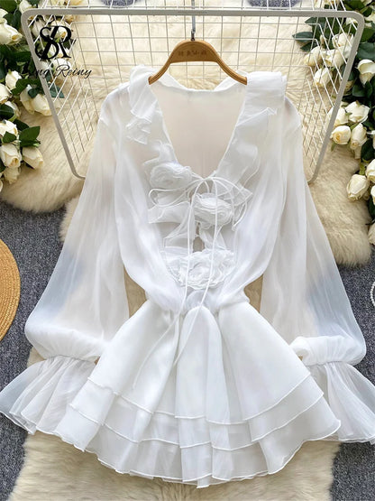 3D Floral Beach Short Dress Female Long Sleeves Lace Up Ruffle Chiffon Cake Sundress Sheer Sexy Vintage Bohemian Dress