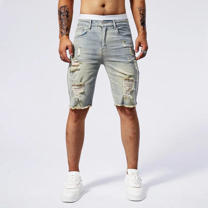 Vintage Denim Shorts Men's American Stretch Slim Jeans Fashion Ripped Streetwear Male Hole Frayed Short Pants Blue Black