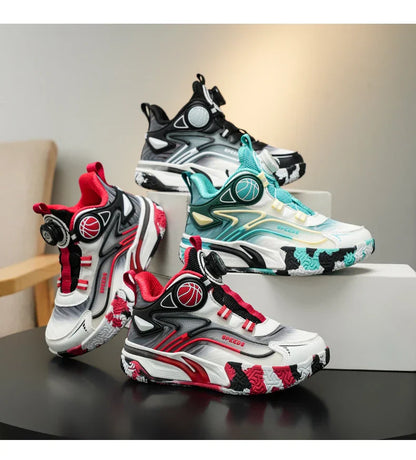 Children's basketball shoes boys' waterproof leather surface rotating buckle anti-slip and shock-absorbing student sports shoes