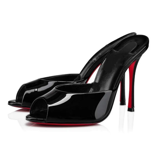 2026 New Black Fish Mouth Ultra High Women's Shoes, Sexy High Heels, Wearing Straight Pointed Lacquer Leather Open toed Slippers