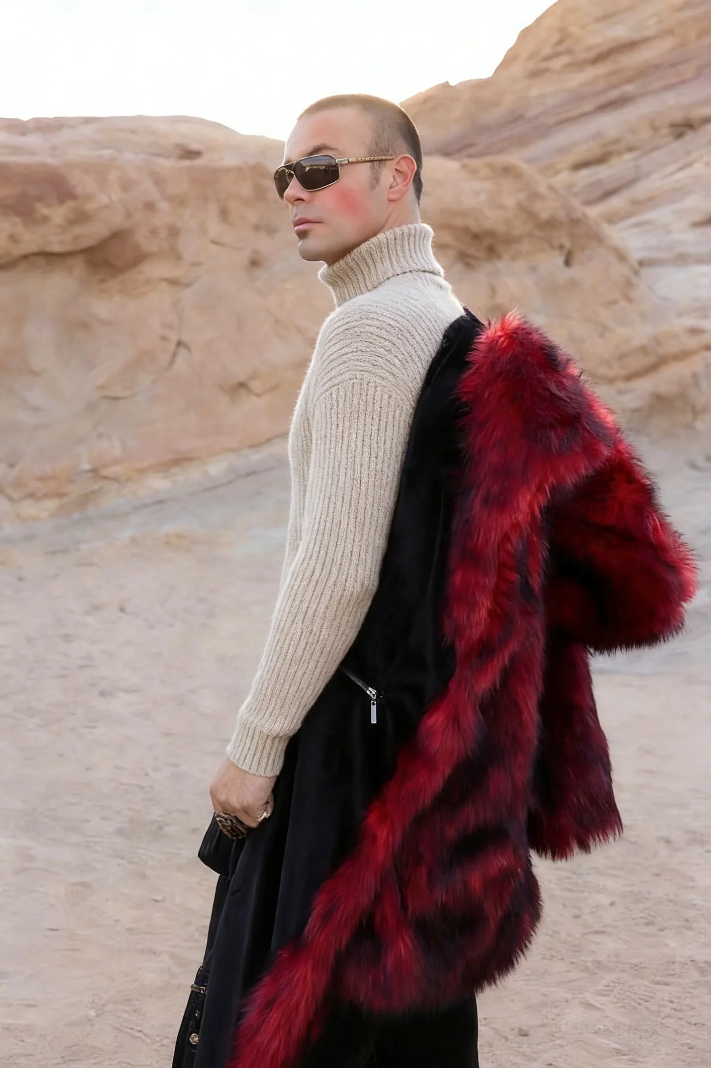 Autumn/Winter Long Warm Fluffy Faux Fur Coat Red Men's Long Sleeve High Quality Luxury Fluffy Coat