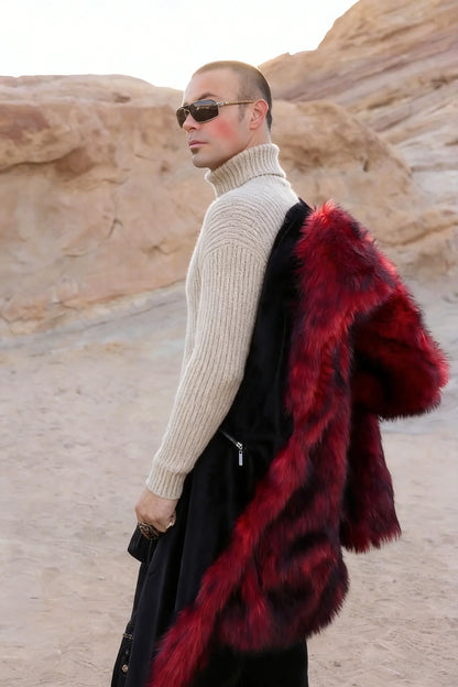 Autumn/Winter Long Warm Fluffy Faux Fur Coat Red Men's Long Sleeve High Quality Luxury Fluffy Coat