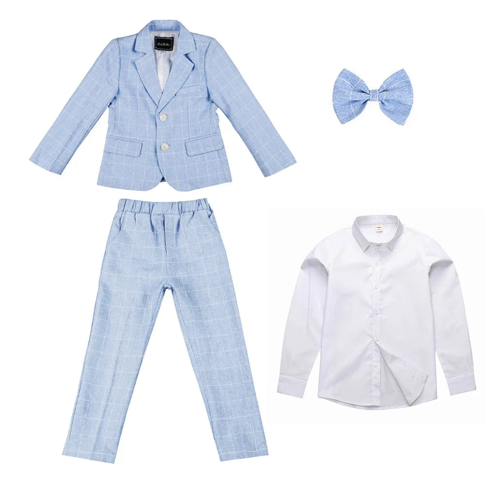 Boys Suit Wedding Ring Bearer Outfit Kids Suit Set Plaid Striped Blazer Suit Pants Bow Tie Pink Suit 2-14Years