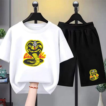 Summer T-Shirt + Shorts Anime Snake Print Boy Black Girl Sets T-Shirt Kids Tops Casual Tees Round Neck Short-Sleeved Top