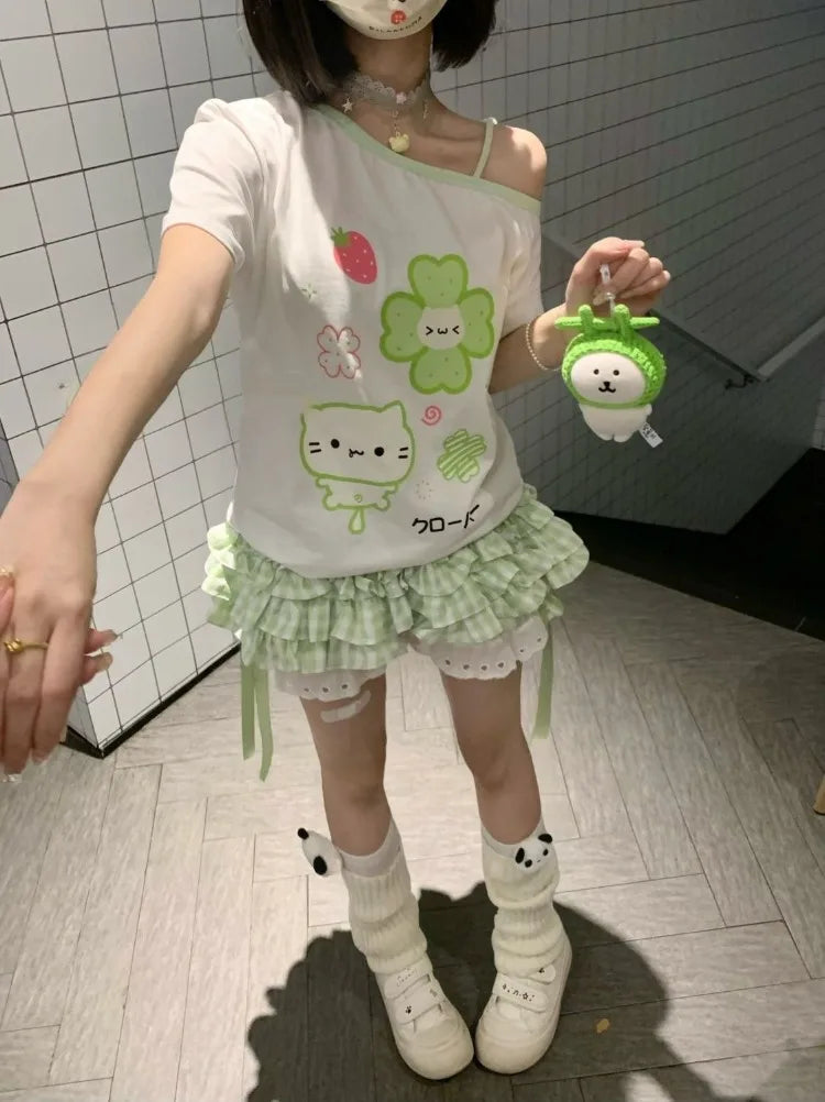 Ezgaga Harajuku T Shirts Women Cartoon Sweet Diagonal Collar Short Sleeve Off Shoulder Funny Tops Female Y2k Ladies Tshirts