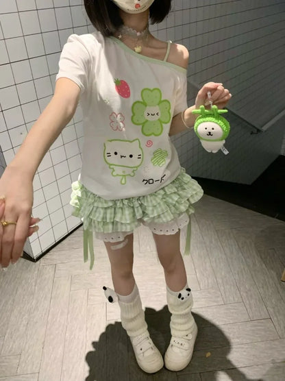 Ezgaga Harajuku T Shirts Women Cartoon Sweet Diagonal Collar Short Sleeve Off Shoulder Funny Tops Female Y2k Ladies Tshirts
