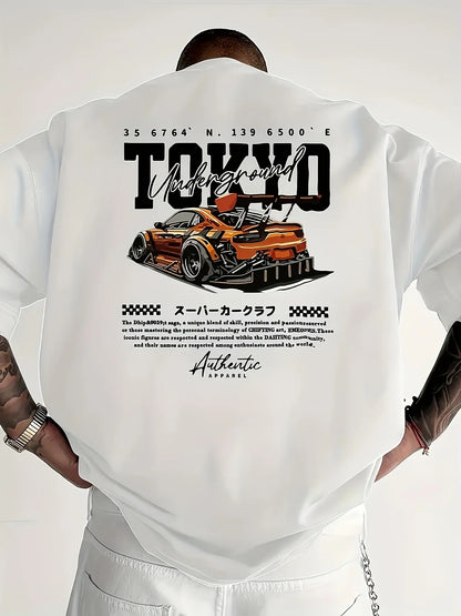 Men's Summer 100% Cotton Fashionable Casual Loose Large Size Japanese Tokyo Pattern Printed Round Neck Short Sleeve T-shirt Top