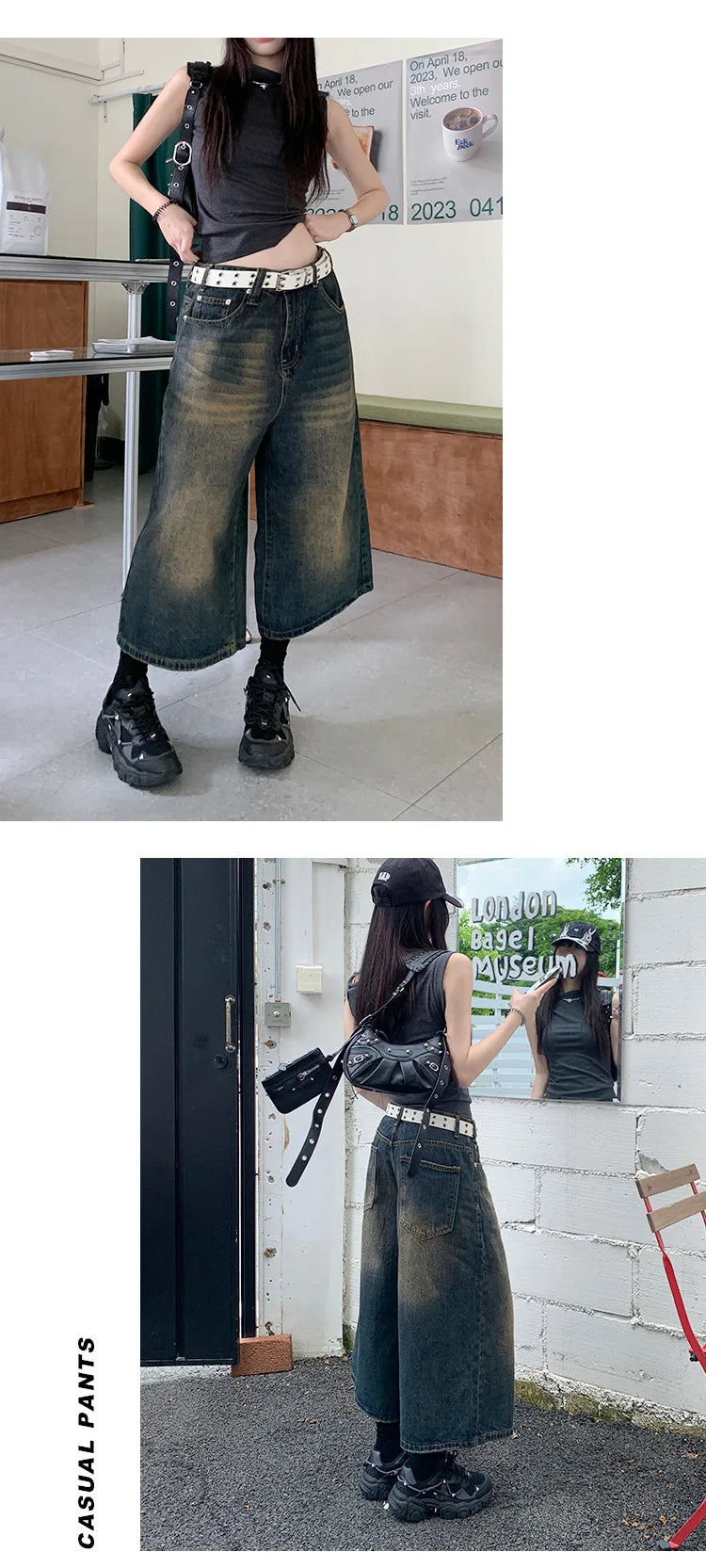 2024 American Vintage High Waist Mid Long Baggy Denim Shorts Women's Casual 2000s Y2K Wide Leg Grunge High Street Style Shorts