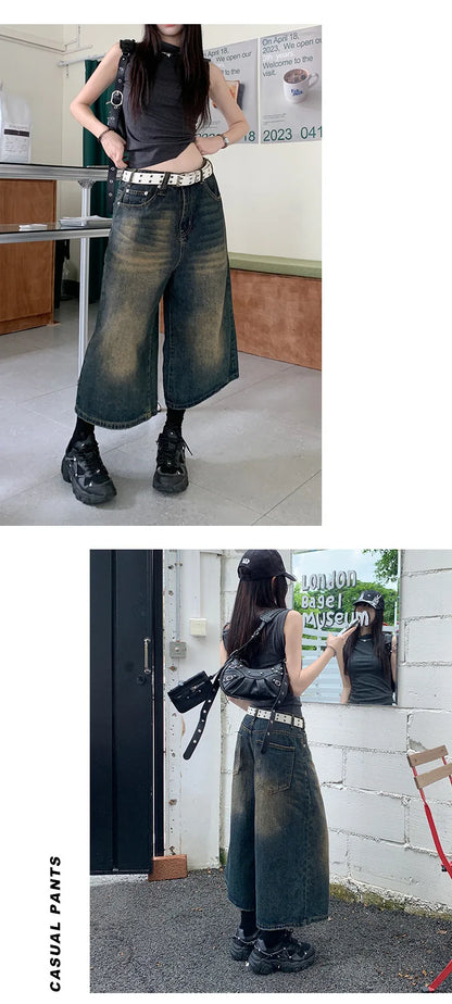 2024 American Vintage High Waist Mid Long Baggy Denim Shorts Women's Casual 2000s Y2K Wide Leg Grunge High Street Style Shorts