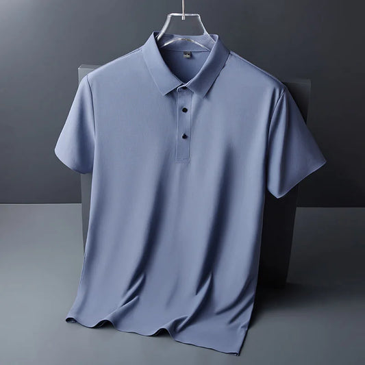 High quality wrinkle resistant ice silk short sleeve t-shirt men's summer Lapel loose casual solid color top high-end polo men