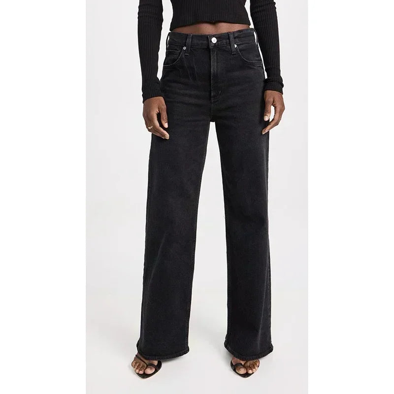 Girls Casual Loose Fit High Waisted Jeans Female Straight Leg Stretch Denim Pants Lady Comfortable Solid Basic Cheap Trousers